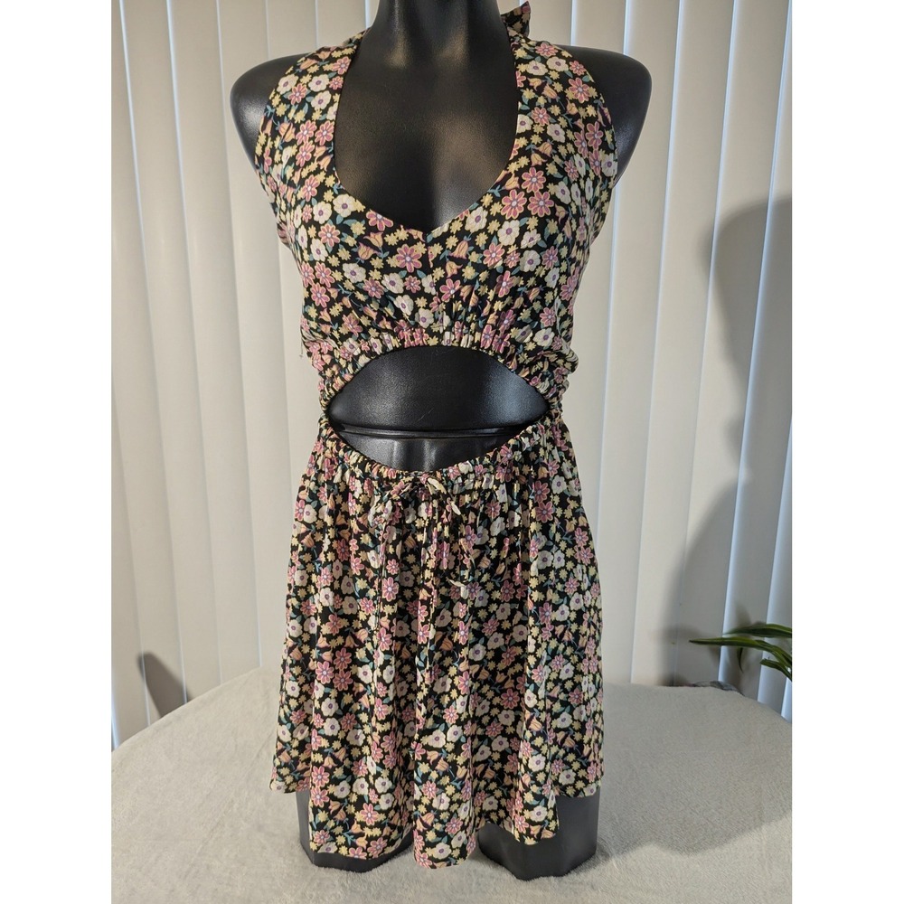 Sky to Moon Romper Women S Black Floral Cutout Halter Neck Sleeveless